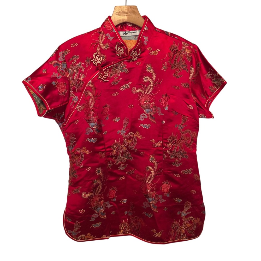 Vintage Eurgiulio‎ Satin Asian Blouse Red Floral Oriental Pure Silk Sz M Dragon